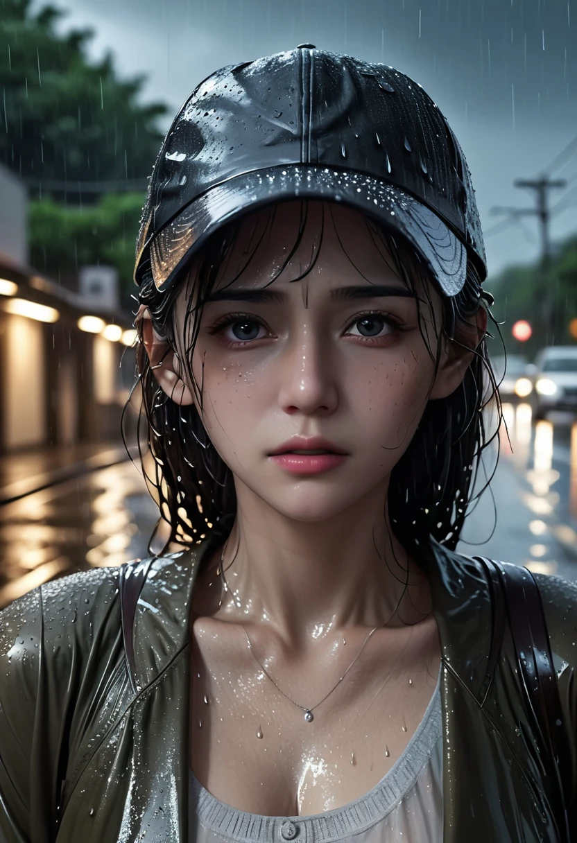 ( Highest quality,4K,8k,High resolution,masterpiece:1.2),Very detailed,(Realistic,photoRealistic,photo-Realistic:1.37),Night rainy landscape,stress,Outdoor,Gloomy atmosphere,Realistic droplets on the face,Soaked clothes,Dark colors,despair,Devastation,Lonely,Lost in Thought,Emotional,Wet roads,Apply mascara to your face,Tears ran down my cheeks.,Rain-soaked hat,Water dripping from hair,Shrug,Visible sadness,Pouring rain,thunderstorm,Severe Weather,Tragic,Deep sorrow,heartache,negative emotion,despairing expression,Cold and wet,pale,Heavy rain,Wet road surface,Tears fall rapidly,Lonely,Devastation.