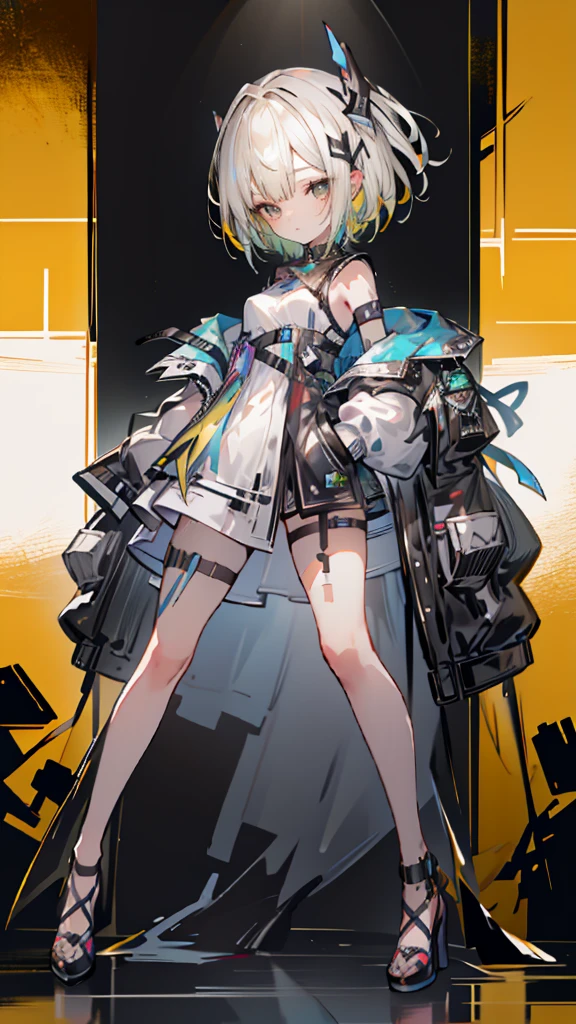 1 girl, short yellow hair, cyberpunk, Alice in Wonderland, black heels, hand in pocket, Best Quality, 4k, 8k, High resolution, masterpiece:1.2, ultra detailed, realist, photorealist, photo-realist:1.37, HdR, HD, studio lighting, Ultrafine paint, sharp focus, physically based rendering, extreme detailed description, professional, vivid colors, bokeh, Conceptual art