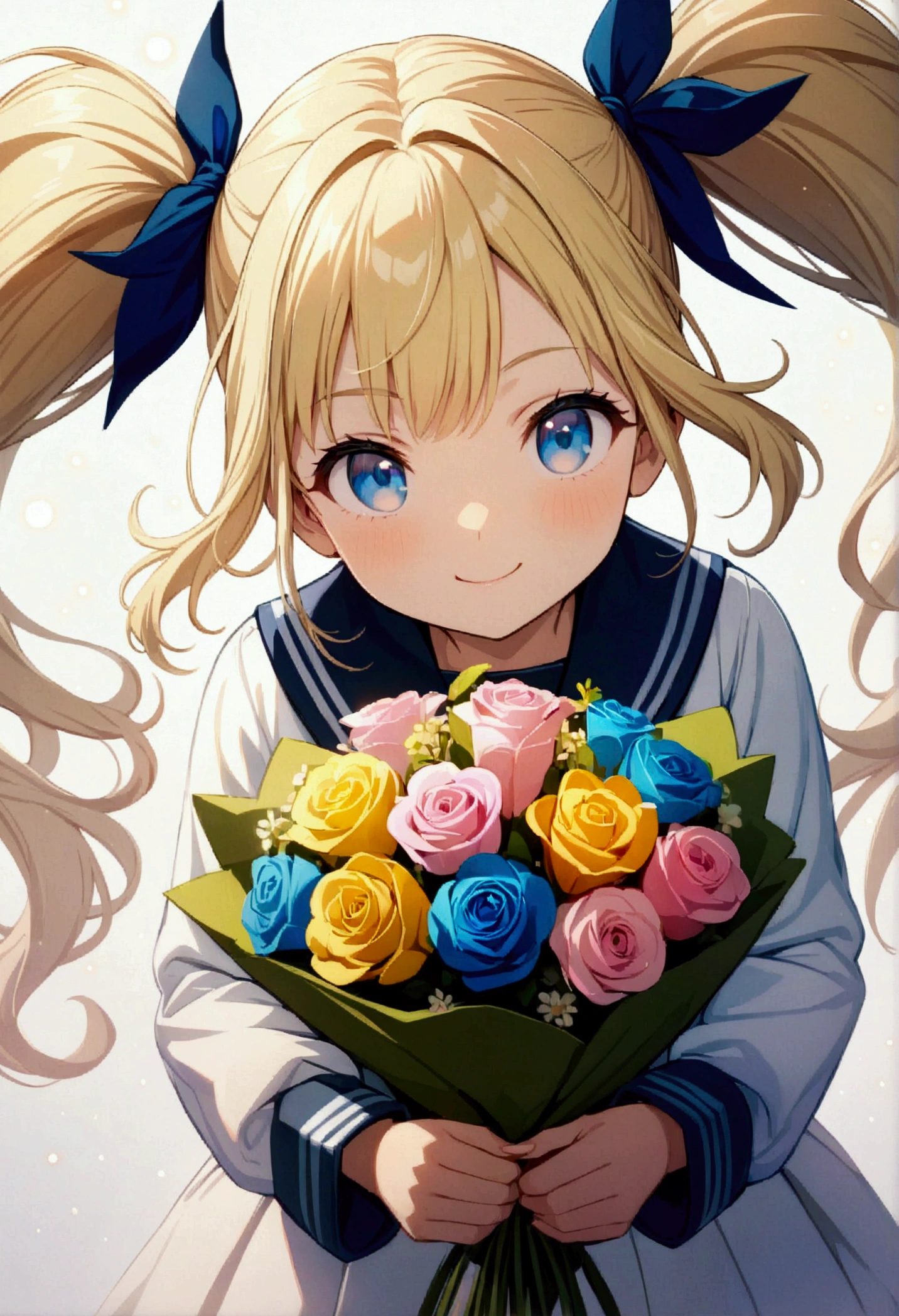 (wallpaper 8k CG), (masterpiece:1.4), (best quality), whole body, (female): 1girl, (solo), (perfect face), (detailed outfit), (little girl), (holding a bouquet), beautiful female, smile (happy), blonde hair, long hair, twintails hair, blue eyes, (serafuku), (white background), (sharp focus),