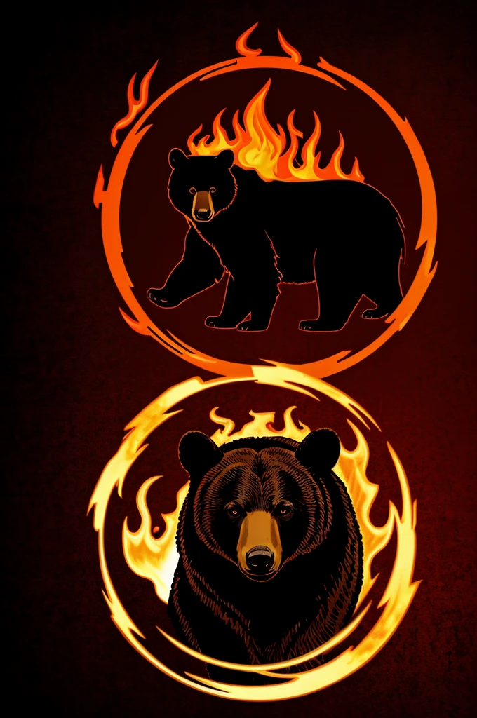 logo of a circle of pure brown color with black with red fire inside with a silhouette of a black bear with red eyes in brown flames