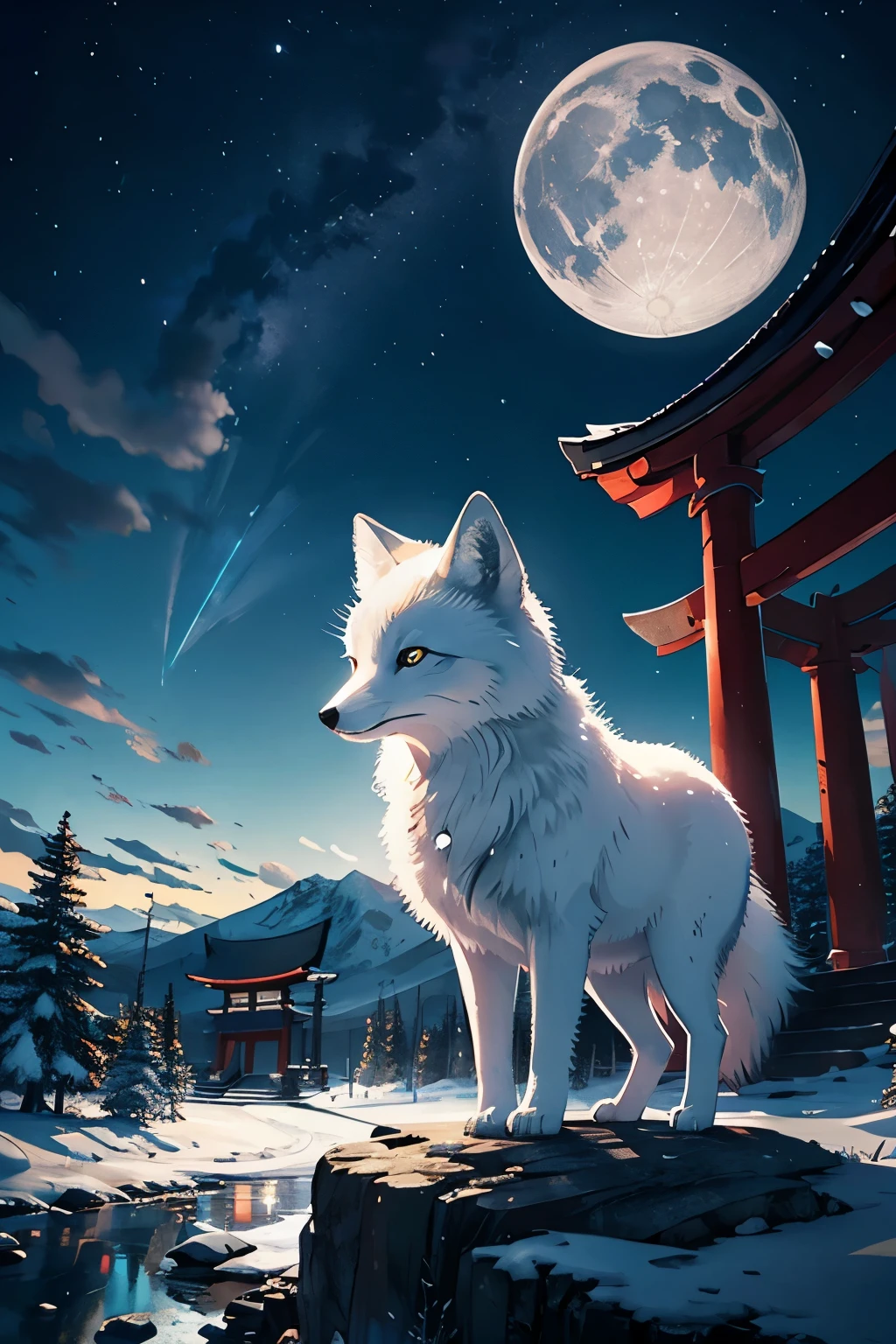 arctic fox。High resolution、High resolution、8k、The background is a torii gate and the moon。Masterpiece 2: