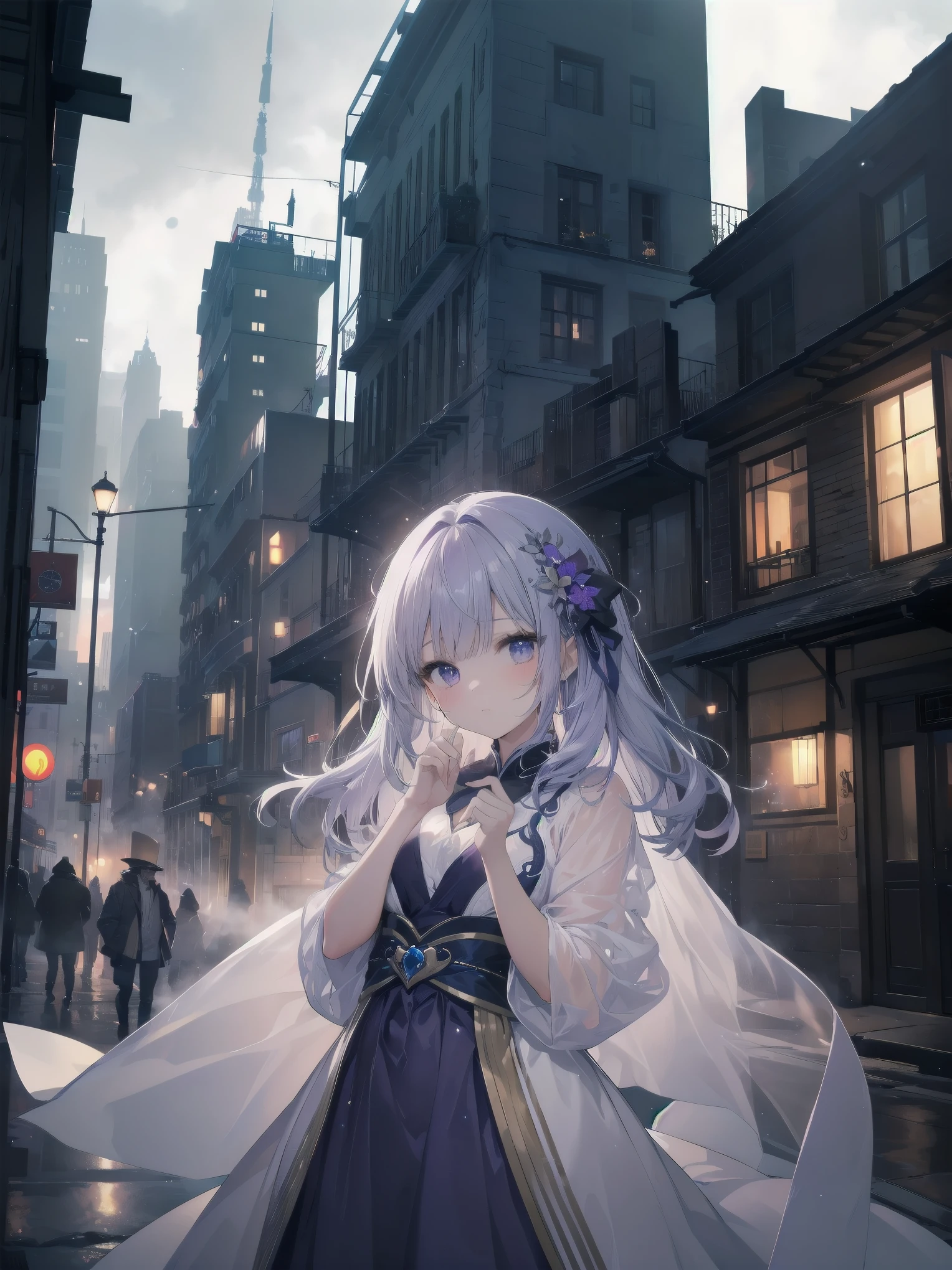 masterpiece, 8k, Highest quality, Very detailed, Purple & A beautiful girl in a blue magical robe with a moon motif、Close-up on the characters、(building, city、A dense fog of fluorescent particles、1800Era、Western style、Fiction、grow、Overwhelming、Detailed street)、A beautiful girl with a beautiful background and a super cute pose