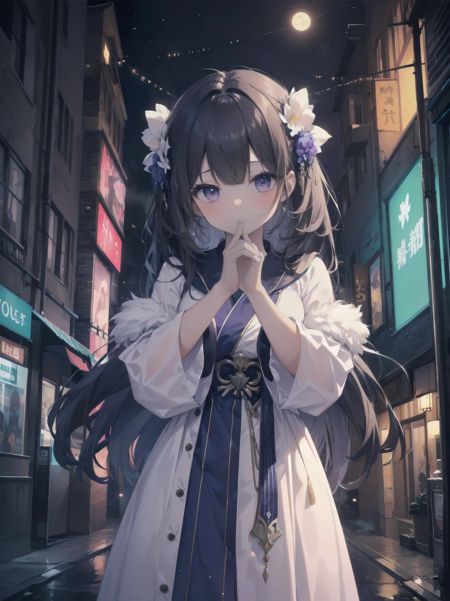 masterpiece, 8k, Highest quality, Very detailed, Purple & A beautiful girl in a blue magical robe with a moon motif、Close-up on the characters、(building, city、A dense fog of fluorescent particles、1800Era、Western style、Fiction、grow、Overwhelming、Detailed street)、A pretty woman with a beautiful background and a lovely pose