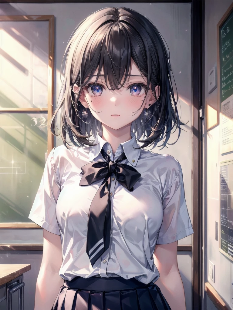 absurdres, RAW photo, extremely delicate and beautiful, masterpiece, Best Quality, ultra high resolution, 32k, hyperrealistic, ultra-detailed, 30 years old, very small head, very small face, delicate facial features, very detailed eyes and face, tearful mole, earring, very huge round breasts, medium hair, asymmetrical hair, full body shot, indoor, short skirt, (school_uniform:1.2),