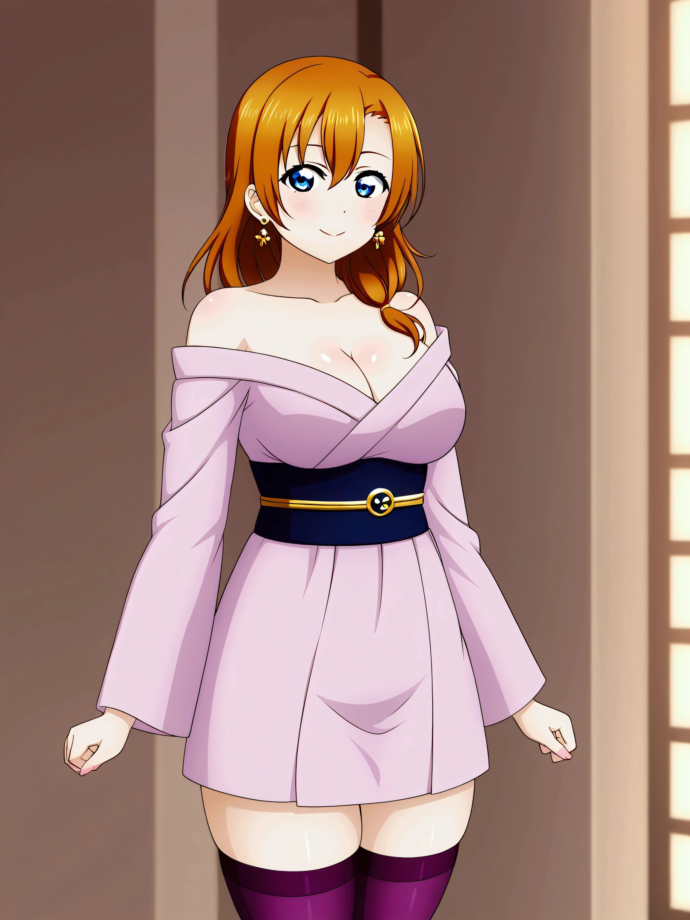 (Masterpiece, Best Quality, High Quality), professional artwork, well drawn, Intricate Details,solo,in village
Kousaka honoka, afternoon
, ultra detail hair, ultra detail face, perfect eyes, earring, Looking at Viewer, pink clothes , off shoulder kimono, cleavage, big breasts,thighhighs, (thicc thighs), thighs gap,dark orange hair , standing
