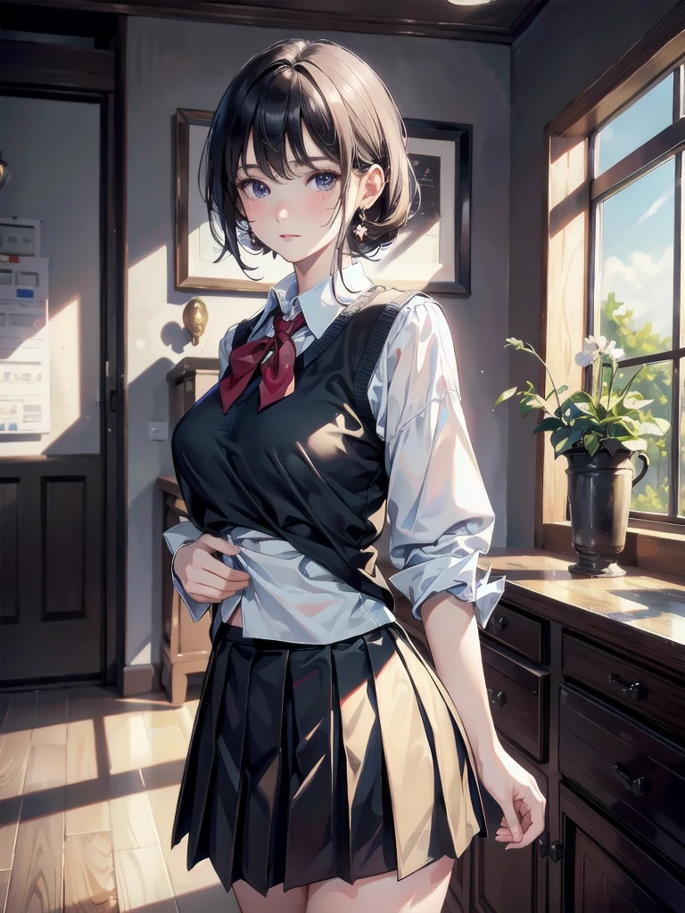 absurdres, RAW photo, extremely delicate and beautiful, masterpiece, Best Quality, ultra high resolution, 32k, hyperrealistic, ultra-detailed, 30 years old, very small head, very small face, delicate facial features, very detailed eyes and face, tearful mole, earring, very huge round breasts, medium hair, asymmetrical hair, full body shot, indoor, short skirt, (school_uniform:1.2),