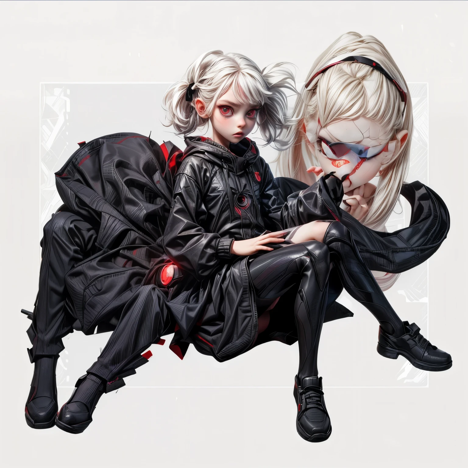 appearence a girl,red eyes,albino,calm,quiet,cute,pretty,full body,looking ahead,short hair combed back,red outfit,black short,pigtail,spider verse suit,serious look,cyberpunk background