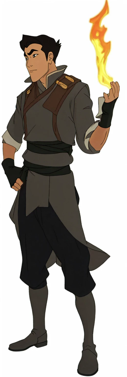 outfit that appears to be inspired by traditional East Asian clothing, particularly Chinese style:
A dark green, short-sleeved top with a high collar and diagonal closures across the chest, reminiscent of a tangzhuang or similar Chinese jacket
The top has yellow or gold trim along the edges and closures
Dark, loose-fitting pants that are tucked into knee-high boots or leggings
A green sash or belt tied around his waist
Dark boots or shoes
The overall style suggests a martial arts or warrior-type character design, blending elements of traditional Asian clothing with a more stylized, animated look. The color scheme is predominantly green and black, with some yellow/gold accents.
The character is depicted in a dynamic pose, with one arm raised as if flexing or preparing to catch something. There's a large, round object (possibly a rock or boulder) above his raised hand.