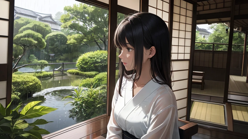 {best quality}, {very aesthetic}, {ultra-detailed}, {8k}, {Super elaborate face}, {Super-smart body}, Sparkling summer rain, Woman sitting on the veranda of a Japanese house, Wet day, (Woman looking outside,Behind the scenes), An ennui atmosphere, Super fine hair, flat chest, 1girl, Rain outside the window, back view,