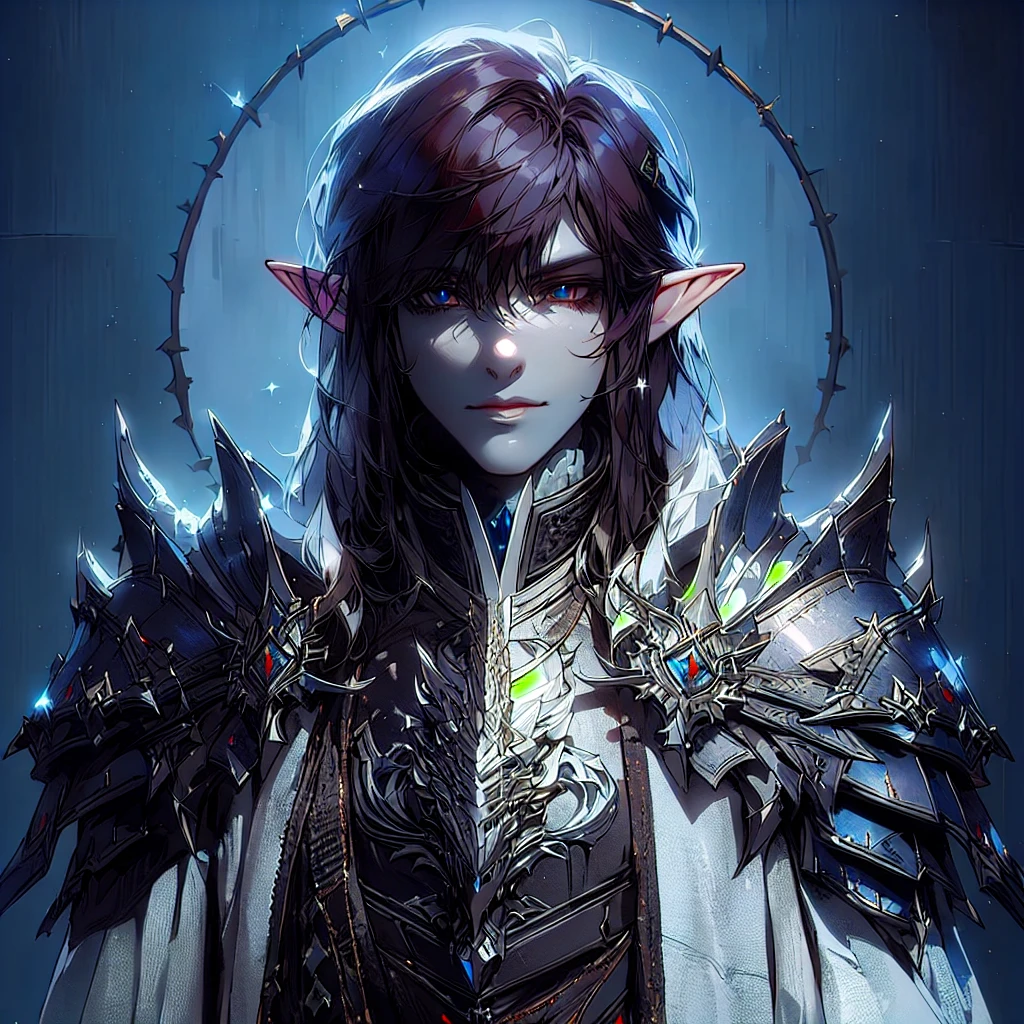 a half-elf wearing clerical robes over armor emblazoned with a silver dragon