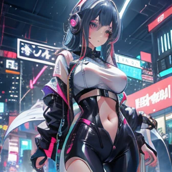 Anime Kawaii sexy Perfect Slim sensual body large breast and huge thighs, An intricate and highly detailed illustration of anime ( girl). personagem de anime,futurista,cyberpunk,holding a microphone in the right handWalking while singing Headphones with futurista neon lights, body preto, cabelo preto comprido, elementos da cabernet,Mulher guerreira, mais alta qualidade,Brilho do macaco,Bela expressão,aquarela, Detalhes vívidos no body,