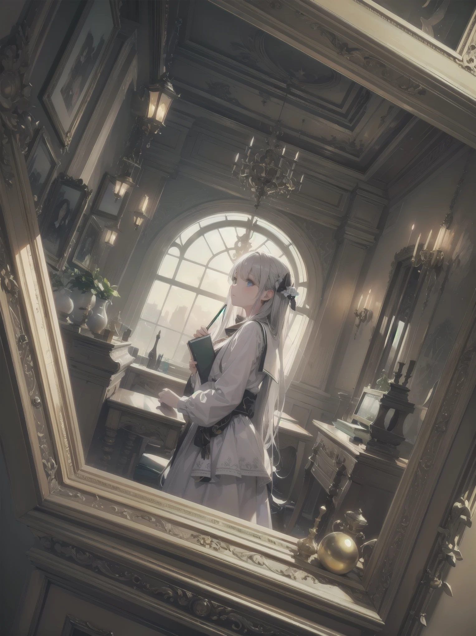 Masterpiece, illustration, high quality, 100 trillion ppi, high quality, dynamic angle, "student looking into silver sphere", silver sphere, looking into, curious, expectant, student, official art, super detail
