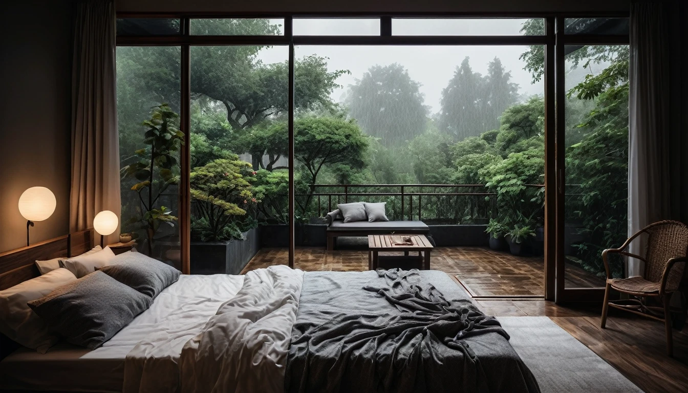 The picture shows a cozy gloomy bedroom, with a large window offering a view of a beautiful, dimly lit garden AND a garden soaked in FLOWERS, the cobblestones of the Japanese house concept. CINEMATIC, JAPANESE HOUSE, the shape of a Japanese house, and lots of flower gardens in the garden. The bed was unmade with rumpled sheets, indicating only a light sleep. the room is dark, gloomy, looks dim, gloomy. Beside the bed there is a small table with a classic lamp that radiates warm light into the room. Outside the window you can see the lush greenery of the terrace or balcony area, the rain is falling, the lamp on the left provides warm lighting, creating a calm and peaceful atmosphere. with fog obscuring part of the view in the distance. The contrast between the warmth indoors and the rain outdoors creates an inviting and calming atmosphere