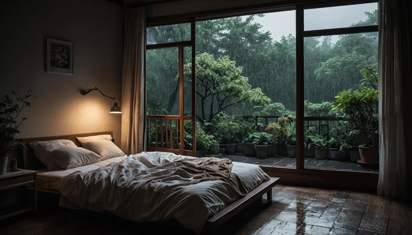 The picture shows a cozy gloomy bedroom, with a large window offering a view of a beautiful, dimly lit garden AND a garden soaked in FLOWERS, the cobblestones of the Japanese house concept. CINEMATIC, JAPANESE HOUSE, the shape of a Japanese house, and lots of flower gardens in the garden. The bed was unmade with rumpled sheets, indicating only a light sleep. the room is dark, gloomy, looks dim, gloomy. Beside the bed there is a small table with a classic lamp that radiates warm light into the room. Outside the window you can see the lush greenery of the terrace or balcony area, the rain is falling, the lamp on the left provides warm lighting, creating a calm and peaceful atmosphere. with fog obscuring part of the view in the distance. The contrast between the warmth indoors and the rain outdoors creates an inviting and calming atmosphere
