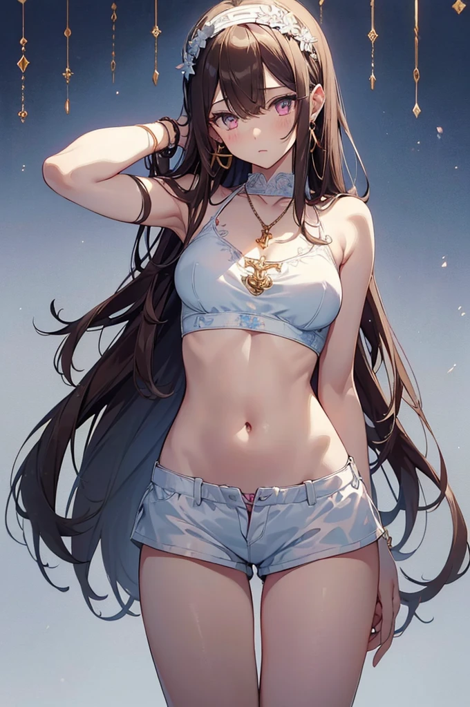 ((girl kawaii)), ((a extremely delicate and beautiful girl)), ((beautifully painted, super fine illustrations)), (from below), (stomach), hand up, tattoo, Perfect body, (woman), (young), lowing long hair, light brown hair, streaked hair, beatiful detailed hair, Beautiful face, (complex details beautiful and delicate eyes), Slightly open mouth, Delicate arms and hands, large breasts, (Bare navel), thighs, pink eyes, white skin, chain storm, hairband, earrings, cross necklace, golden bracelet, ice cream, sleeveless shirt, short shorts, overexplosure, crop top, white Clothes, (outdoors), (skyscraper), (blue sky), reflection light, very detailed light, (((best quality))), (((wallpaper 8k CG,))) masterpiece,
