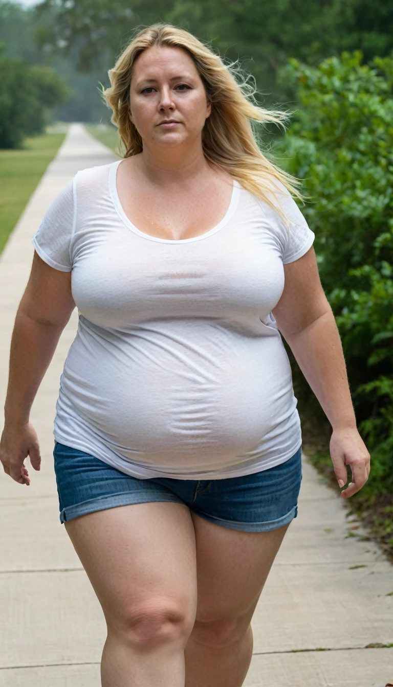 Chubby woman, 40 years old white Caucasian woman walking outside, summer, day time, Mississippi, Gulfport, long straight slicked blonde hair, casually and daily dressed, big hips, thick thighs, casual clothed, natural huge breasts, Full Body Shot, From Above View, High Angle View, side way selfie, no makeup, messy hair, morning face, chubby, see through t-shirt, no bra underneath, sad, sweaty , sweaty chest, wet breasts, big brown nipples