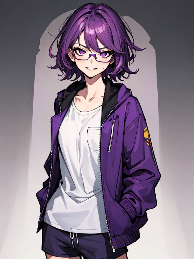 (masterpiece), best quality, expressive eyes, highres, best anatomy, cowboy shot, half body, 1girl, perfect face, perfect hands, female, short hair, messy hair, wavy hair, purple hair, side bang, purple eyes, fair skin, medium chest, slight smirk, purple glasses, purple shorts, 1girl, solo, jacket, graphic t-shirt, hands in pockets,