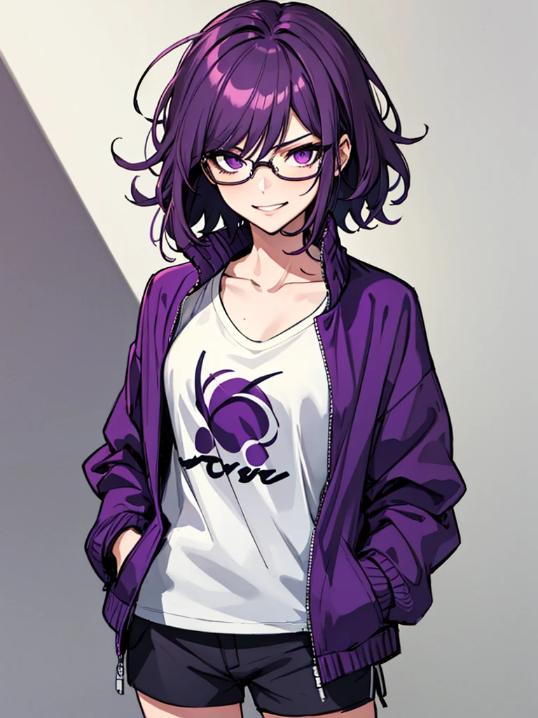 (masterpiece), best quality, expressive eyes, highres, anatomically correct, 1girl, perfect face, perfect hands, female, short hair, messy hair, wavy hair, purple hair, side bang, purple eyes, fair skin, medium chest, slight smirk, purple glasses, casual wear, cowboy shot, half body, perfect anatomy, shorts, graphic t-shirt, jacket, casual wear, pantyhose,