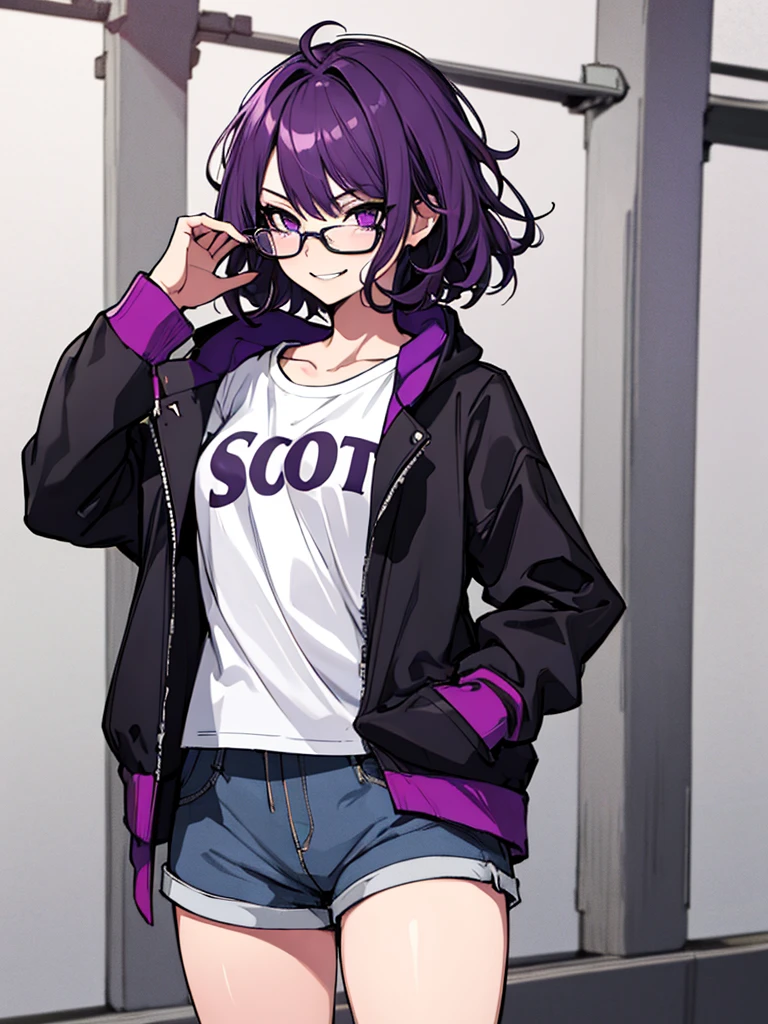 (masterpiece), best quality, expressive eyes, highres, best anatomy, cowboy shot, half body, 1girl, perfect face, perfect hands, female, short hair, messy hair, wavy hair, purple hair, side bang, purple eyes, fair skin, medium chest, slight smirk, purple glasses, purple shorts, 1girl, solo, jacket, graphic t-shirt, hands in pockets,
