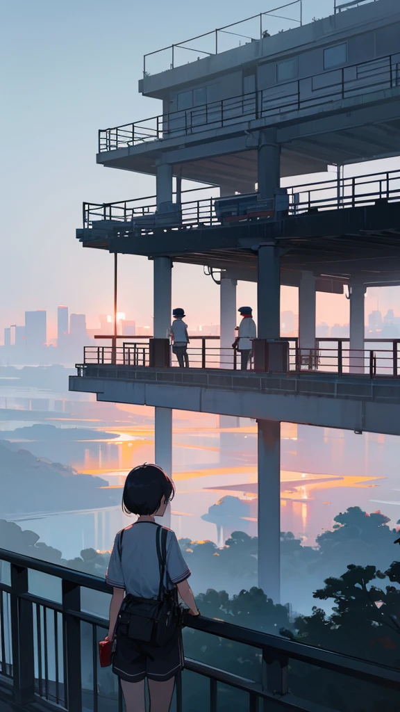 Against a misty landscape、Draw a scene with four people standing from behind。They wear sailor uniforms with white short-sleeved shirts and dark skirts or shorts。Standing next to a metal guardrail、One of them is using binoculars。On the right side of the image, a red bicycle is leaning against the guardrail.。Create a scene that has an overall tranquil and mysterious atmosphere.。