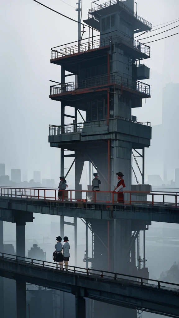 Against a misty landscape、Draw a scene with four people standing from behind。They wear sailor uniforms with white short-sleeved shirts and dark skirts or shorts。Standing next to a metal guardrail、One of them is using binoculars。On the right side of the image, a red bicycle is leaning against the guardrail.。Create a scene that has an overall tranquil and mysterious atmosphere.。