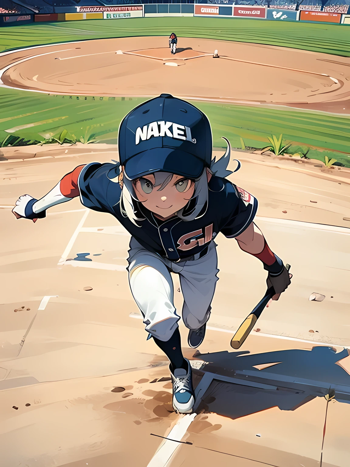 from above,dutch angle,Girl baseball player, smile, baseball cap, baseball player's clothes, spiked shoes,baseball stadium,Baseball diamond,slim,running,