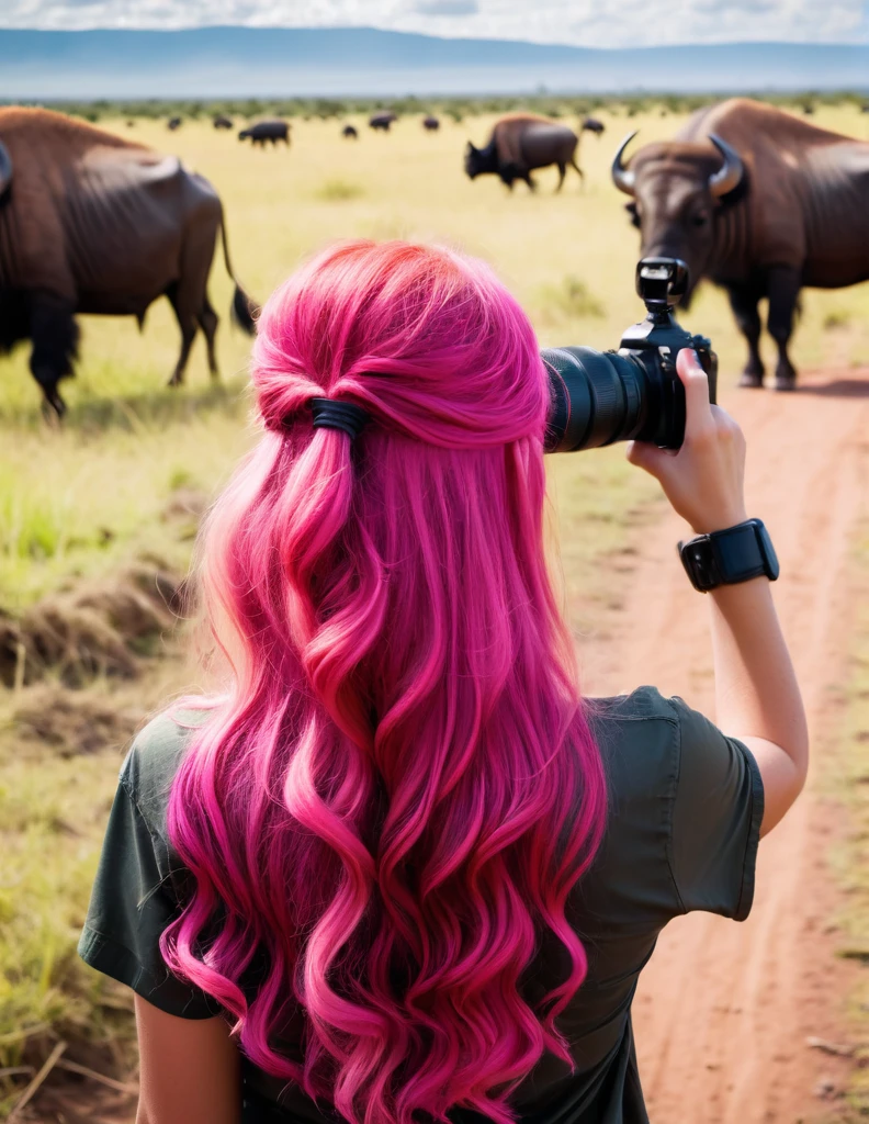 Very attractive 25 year old caucasian female with long wavy bright pink hair, on safari in Tanzania, back to the camera, photographing african buffalows,  photo quality