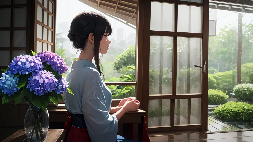 {best quality}, {very aesthetic}, {ultra-detailed}, {8k}, {Super elaborate face}, {Super-smart body}, Sparkling summer rain, Woman sitting on the veranda of a Japanese house, Wet day, (Woman looking outside,Behind the scenes), An ennui atmosphere, Super fine hair, flat chest, 1girl, Rain outside the window, back view, hydrangea,