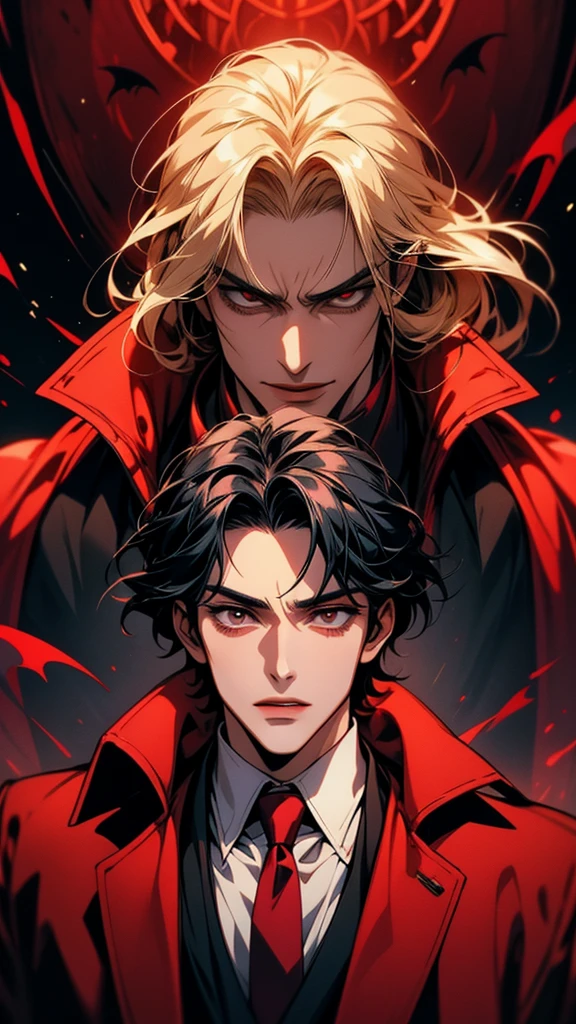 black suit and red tie、Man wearing a red cloak, Anime handsome guy, ハンサムな男性のvampire, Alucard, Handsome anime pose, Handsome men from Demon Slayer, Handsome Japanese Devil Boy, High-quality portraits, Beautiful androgynous prince, [[[[smile wickedly]]]], Male Anime Characters, vampire