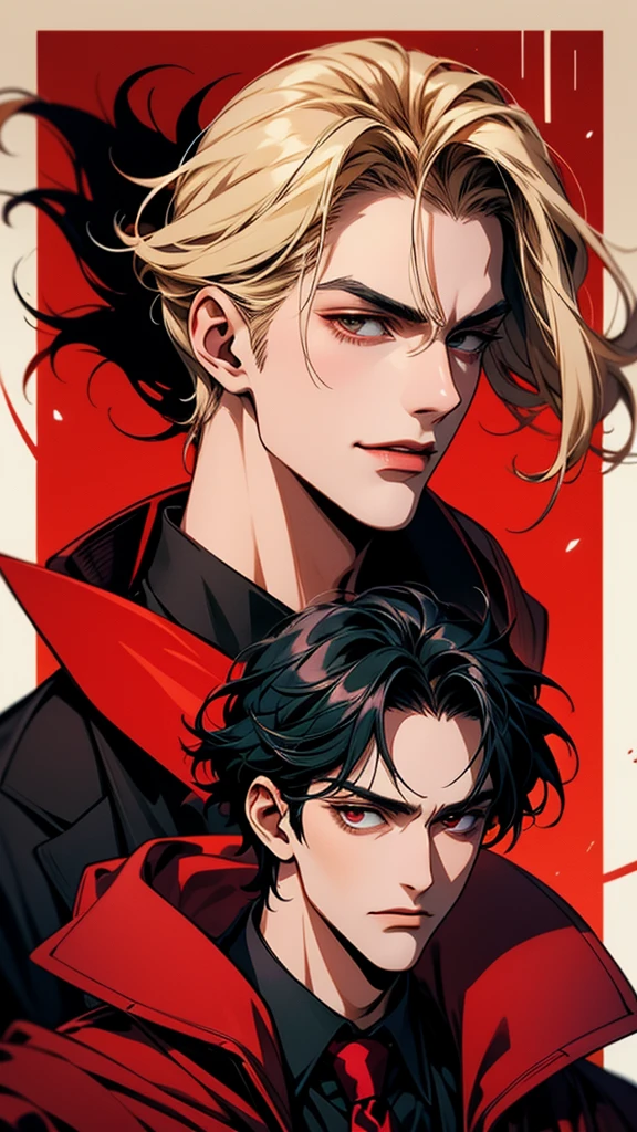 black suit and red tie、Man wearing a red cloak, Anime handsome guy, ハンサムな男性のvampire, Alucard, Handsome anime pose, Handsome men from Demon Slayer, Handsome Japanese Devil Boy, High-quality portraits, Beautiful androgynous prince, [[[[smile wickedly]]]], Male Anime Characters, vampire