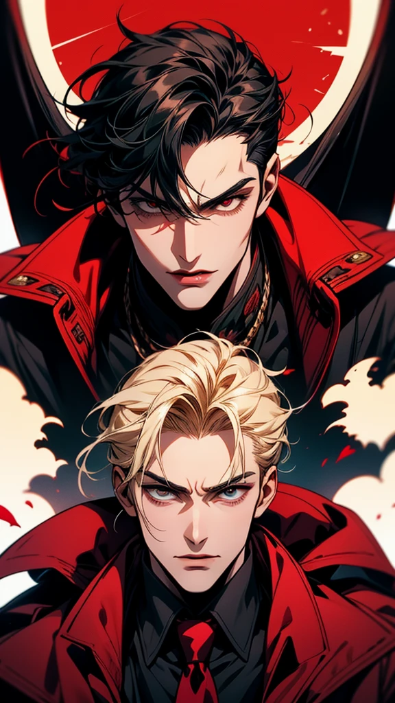 black suit and red tie、Man wearing a red cloak, Anime handsome guy, ハンサムな男性のvampire, Alucard, Handsome anime pose, Handsome men from Demon Slayer, Handsome Japanese Devil Boy, High-quality portraits, Beautiful androgynous prince, [[[[smile wickedly]]]], Male Anime Characters, vampire