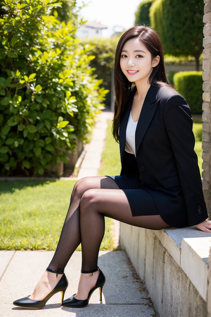 Pure young Japanese girl, outstanding body, beautiful legs, wearing traditional suits and blouse and skirt, (pantyhose), high heels, vivid makeup, natural black hair styles, sexual smile, sitting, sexual attractive, spread wide legs, lift up skirt, professional portrait photography, soft sunlight, 