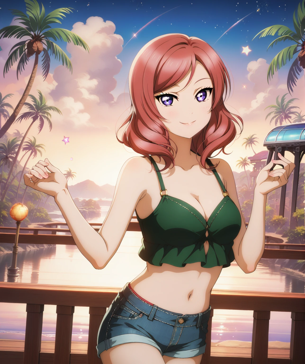 masterpiece, best quality,solo, nishikino maki,red medium hair, detailed eyes,purple eyes, green top, cleavage,side , nile river, palm tree, jeans shorts, shiny stars , cute smile