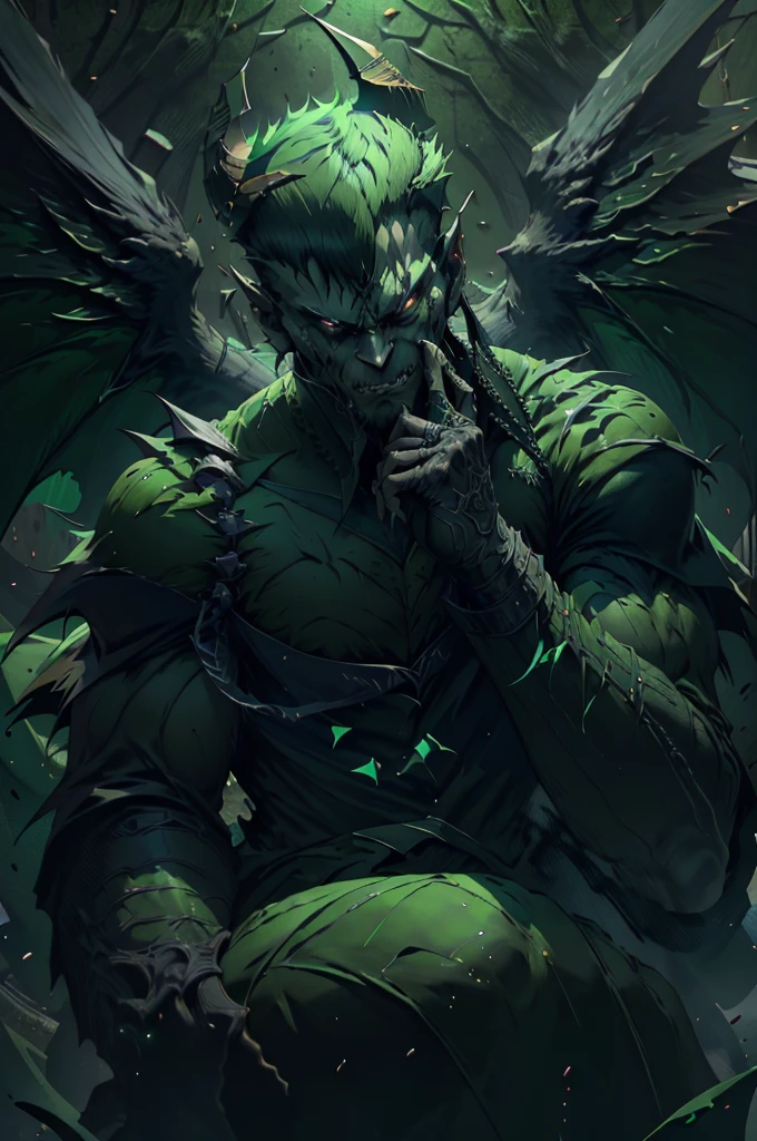 a demonic male, eyeless, with sharp teeth, short green hair, military haircut, thin, dark green wings, matte green body, wearing gangster clothes, (best quality,4k,8k,highres,masterpiece:1.2),ultra-detailed,(realistic,photorealistic,photo-realistic:1.37),horror,dark colors,chiaroscuro lighting
