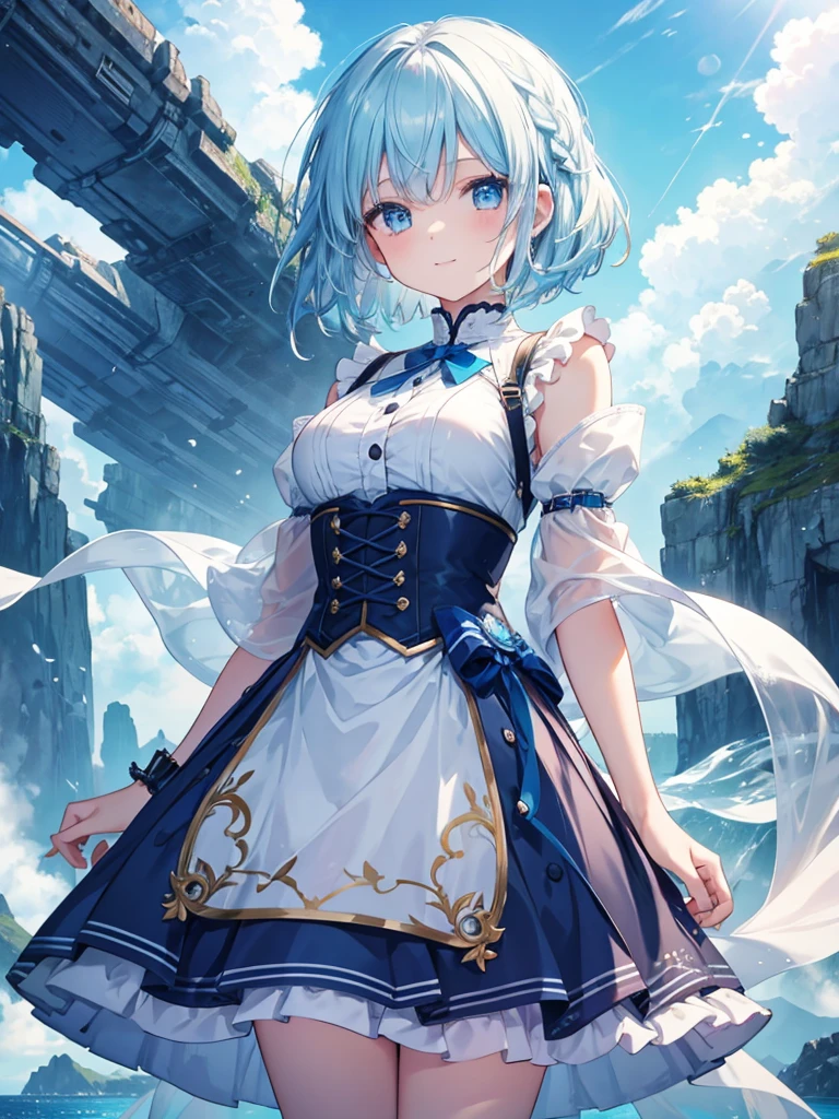 (Ultra Quality figure), Ultra detailed,((Top quality)),beautiful girl, (short white sky hair), ((braided short hair)), her eyes is shining , (highly detailed beautiful eyes), charming smile, Fantasy atmosphere feeling,blue sea scenary,((dream invited blue )) (storm spring)kawaii figure (Ghotic with long skirt)