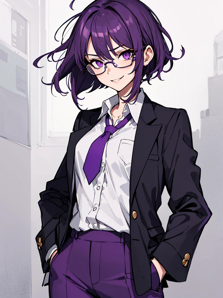 (masterpiece), best quality, expressive eyes, highres, best anatomy, cowboy shot, half body, 1girl, perfect face, perfect hands, female, short hair, messy hair, wavy hair, purple hair, side bang, purple eyes, fair skin, medium chest, slight smirk, purple glasses, purple pants, tie, blazer, professional, button shirt, business, 1girl, solo, hands in pockets,
