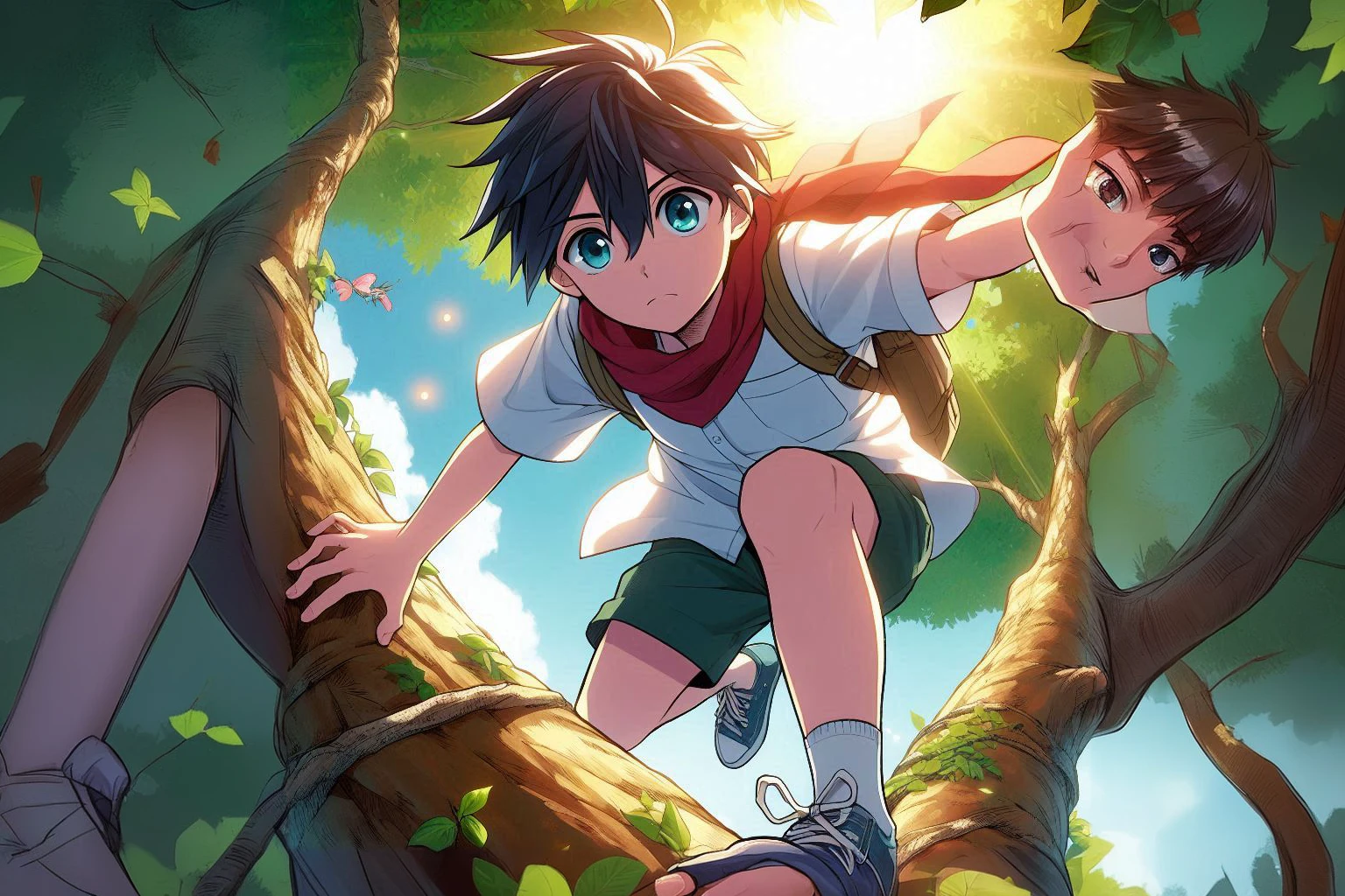 image of a boy with courage, coming down from the tree in anime style