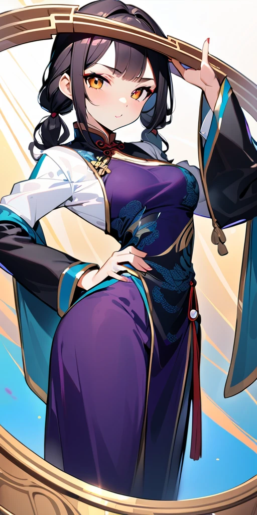((Highest quality、masterpiece、Anime Style、Highest quality、High resolution、8k、detailed、ultra-detailed:1.3))、Long legs、Sharp focus:1.2, Beautiful woman with perfect figure:1.4、(smile:1.2), double eyelid、30-year-old woman、Sexy pose、((((Shut your mouth.、One Woman、Chinese clothing:1.5)))),The background is another world