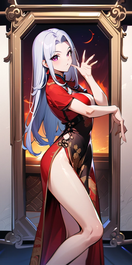 ((Highest quality、masterpiece、Anime Style、Highest quality、High resolution、8k、detailed、ultra-detailed:1.3))、Long legs、Sharp focus:1.2, Beautiful woman with perfect figure:1.4、(smile:1.2), double eyelid、30-year-old woman、Sexy pose、((((Shut your mouth.、One Woman、Chinese clothing:1.5)))),The background is another world