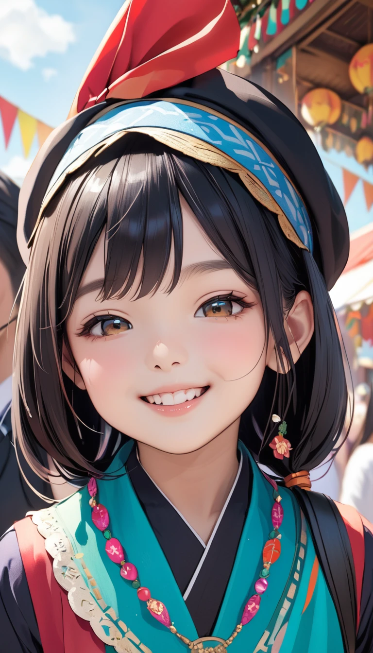 8 year old black haired girl,festival,Elevation,Flushing,Close-up smiling face'Eyes wearing silver-white mirrored lens sunglasses、I looked at the world reflected in the lenses of my sunglasses...(Side Pony,Colorful Hair),