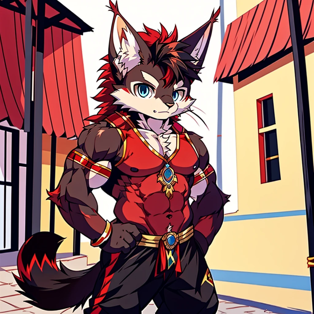 Best quality, Young, Chibi, 15 year old, Furry, Solo, Male black lynx cat: 1.5, (black fur), (black fur), black fur, blue eyes, red chest hair, black long hair, black mane, red hair, red armpit hair, red whiskers, Humanoid hands, Muscular body, Strong Abs, Strong Chest, Strong Biceps, Wearing Red Muay Thai Style Clothes, Topless, Standing in the street of Thailand, Red Mohawk hair, Detailed black fur, Detailed cloths, Thailand.