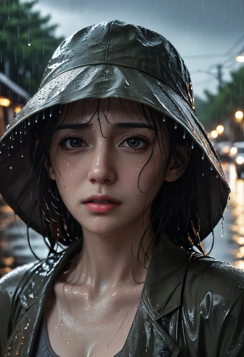 ( Highest quality,4K,8k,High resolution,masterpiece:1.2),Very detailed,(Realistic,photoRealistic,photo-Realistic:1.37),Night rainy landscape,stress,Outdoor,Gloomy atmosphere,Realistic droplets on the face,Soaked clothes,Dark colors,despair,Devastation,Lonely,Lost in Thought,Emotional,Wet road,Apply mascara to your face,Tears ran down my cheeks.,Rain-soaked hat,Water dripping from hair,Shrug,Visible sadness,Pouring rain,thunderstorm,Severe Weather,Tragic,Deep sorrow,heartache,negative emotion,despairing expression,Cold and wet,pale,Heavy rain,Tears fall rapidly,Lonely,Devastation.