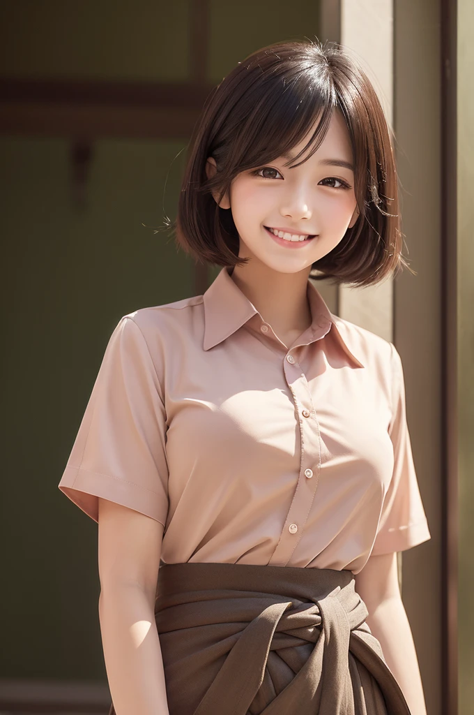 anime style, smiling boy, dark hair, blush on cheeks, wearing a collared shirt, detailed face, warm lighting, upper body visible, detailed background, ((waist-up view))