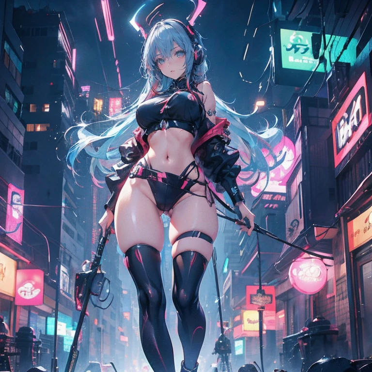 Anime Kawaii sexy Perfect Slim sensual body large breast and huge thighs, An intricate and highly detailed illustration of anime (Young girl). personagem de anime, futurista, ciberpunk, holding a microphone in the right hand Walking while singing Headphones with futurista neon lights, body preto, cabelo preto comprido, elementos da cibernet, Mulher guerreira, mais alta qualidade, Brilho do macacão, Bela expressão, aquarela, Detalhes vívidos no body,