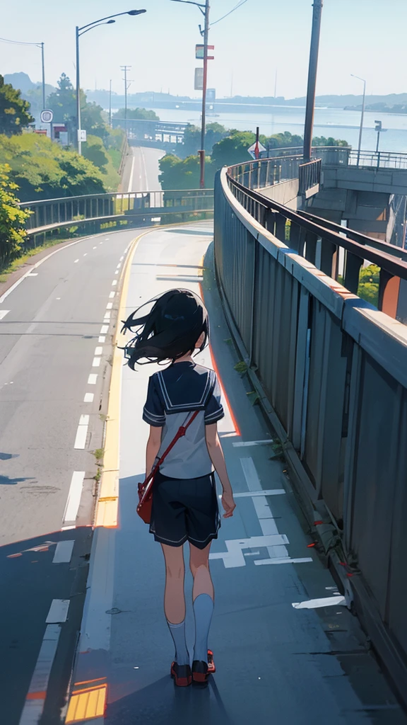 With a sea view in the background、Draw a scene with four people standing from behind。They wear sailor uniforms with white short-sleeved shirts and dark skirts or shorts。Standing by the guardrail of the road、One of them is using binoculars。On the right side of the image, a red bicycle is leaning against the guardrail.。Create a scene that has an overall tranquil and mysterious atmosphere.。