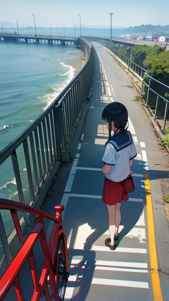With a sea view in the background、Draw a scene with four people standing from behind。They wear sailor uniforms with white short-sleeved shirts and dark skirts or shorts。Standing by the guardrail of the road、One of them is using binoculars。On the right side of the image, a red bicycle is leaning against the guardrail.。Create a scene that has an overall tranquil and mysterious atmosphere.。