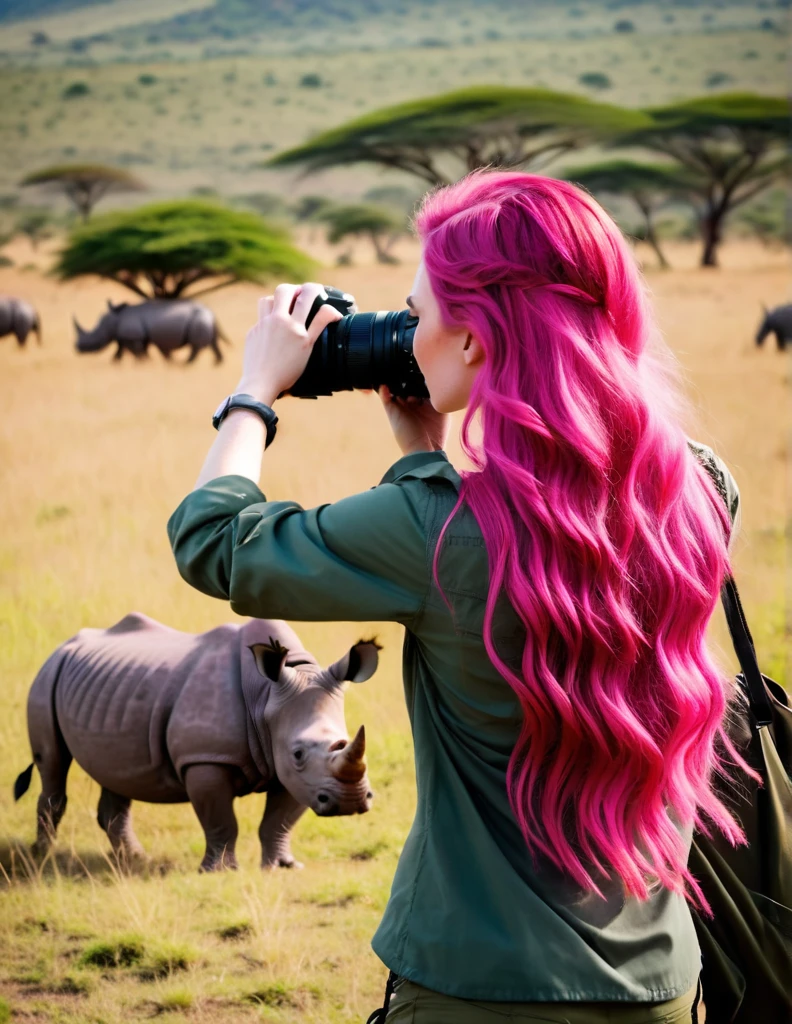 Very attractive 25 year old caucasian female with long wavy bright pink hair, on safari in Tanzania, back to the camera, photographing rhinos, photo quality