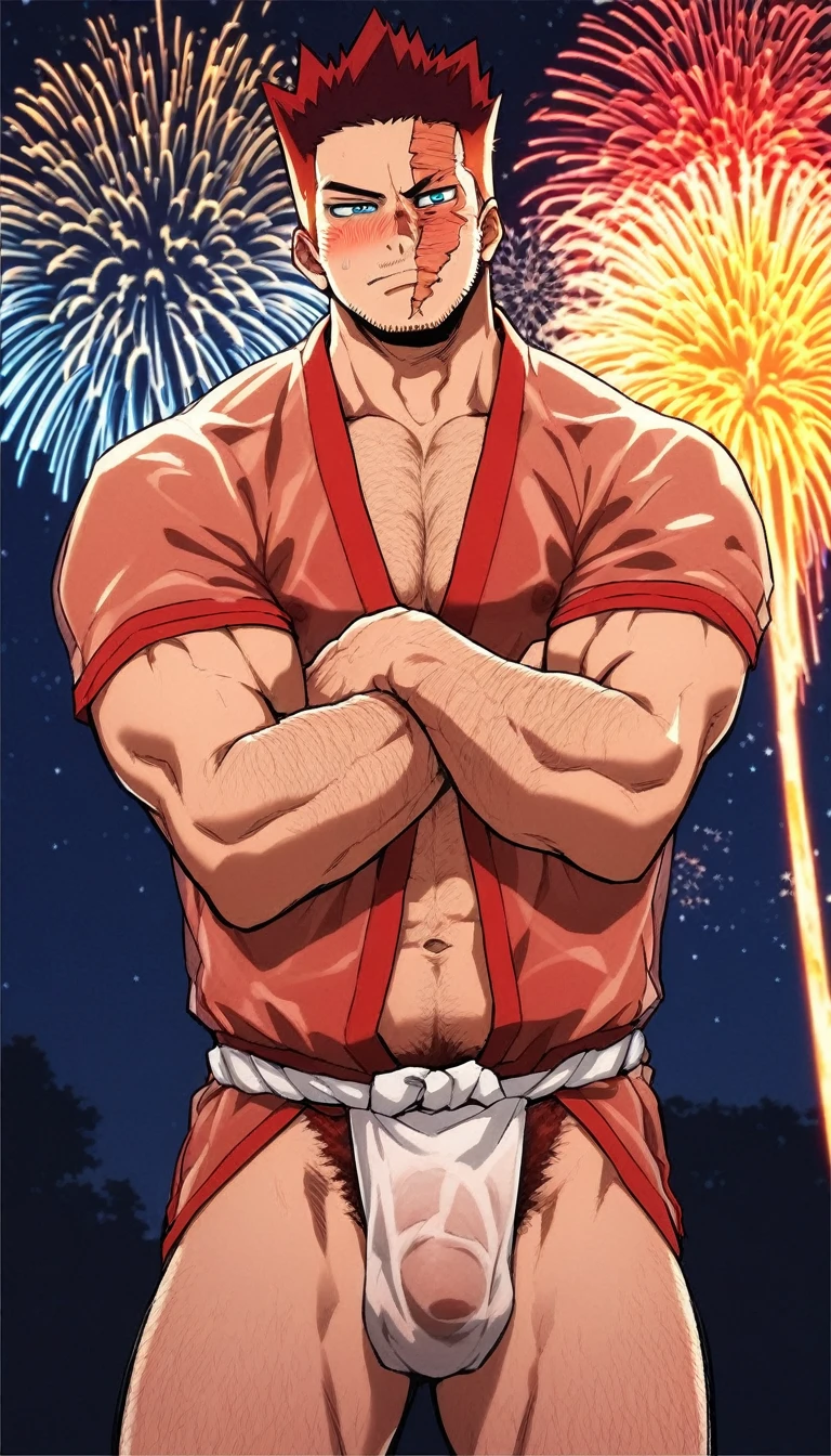 Endeavor, solo, (mature daddy), gently smile, muscular, delicate blue eyes, (red hair), scar, (anime style), (wearing red yukata, see-through fundoshi), (erection upward bulge), standing, (hairy). (middle aged man), (homoerotic), blush, night, fireworks background, (posture with arms crossed)