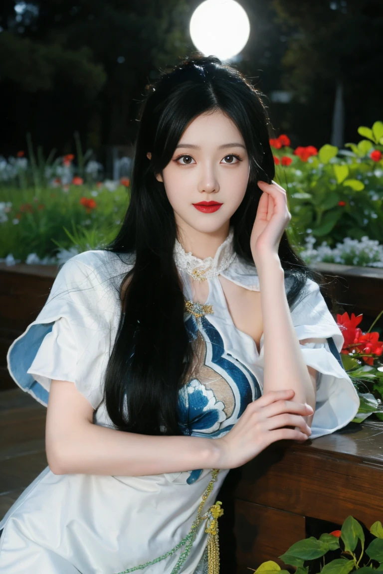 ulzzang-6500-v1.1,(raw photo:1.2),((photorealistic:1.30)), ((best quality)) ,((masterpiece)),((Ultra High Resolution)), ((Clear View)),,Ultra-high resolution,Clear face,（Reality：1.4) ,  illustration, an extremely delicate and beautiful, extremely detailed ,CG ,unity ,8k wallpaper, Amazing, finely detail, masterpiece,best quality,official art,extremely detailed CG unity 8k wallpaper,absurdres, incredibly absurdres, huge filesize, ultra-detailed, highres, extremely detailed,beautiful detailed girl, extremely detailed eyes and face, beautiful detailed eyes,light on face,cinematic lighting, 1girl, 独奏, long hair, black hair, hair ornament, jewelry, Earring, Blue eyes, Double eyelids, blush, sharp nose, Red nose, smile, Chinese dress, (standing,) (garden background:1.5), upper body, Night sky, dark light, grassland, trees, flowers, grass, Moon Star, outdoor, 