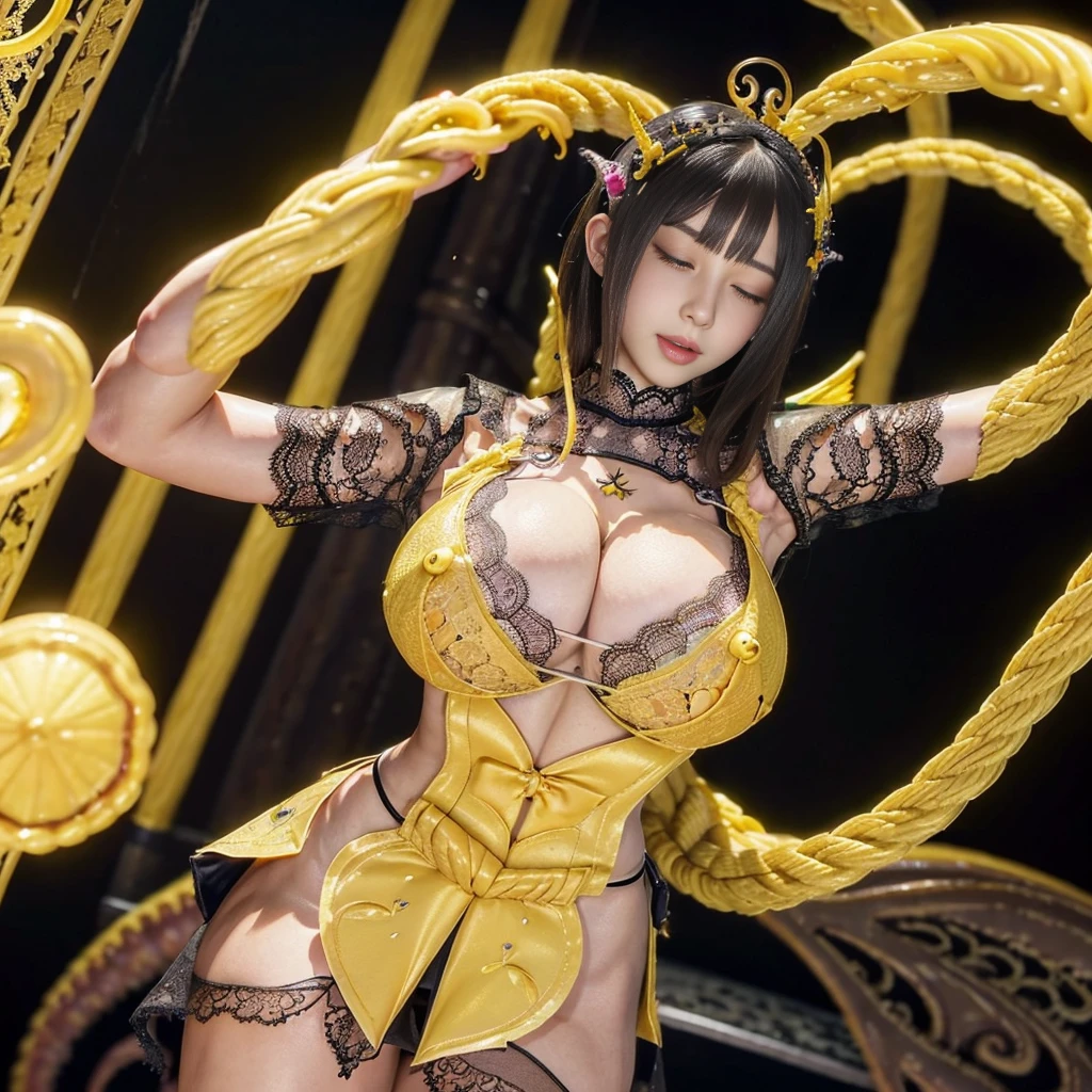 high quality, masterpiece, Very detailed, 8k, A beautiful  Japanese girl:1.5, Small face, Black Hair, short hair, blunt bangs, Breast Augmentation Surgery, (A gorgeous lace yellow magical girl heroine costume:1.5), (A woman bound by tentacle rope:1.4), remote_play, remote_Vibrate、　(climax:1.3), Close ~ eyes、　height:152cm、　Ecstatic expression、　Raise your arms、　Very detailedな臭い脇の下、　Intersection in Shinjuku